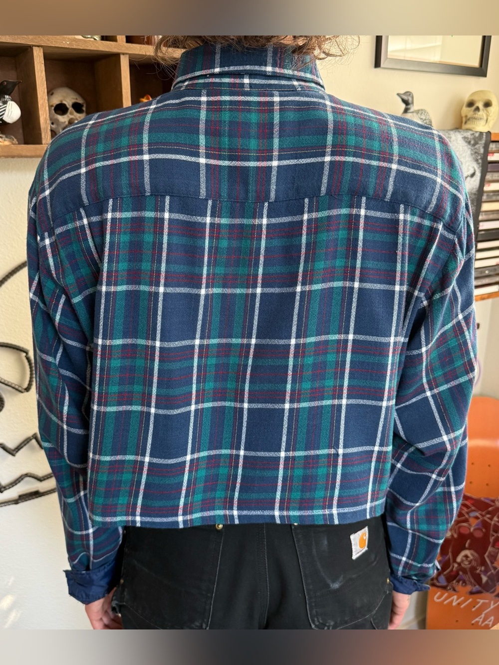 Vintage 90s Cropped Blue Plaid Flannel ~ Size Medium - Picture 5 of 8